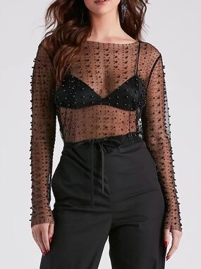 Black Sheer Mesh Pearl Rhinestone Long Sleeve Top L